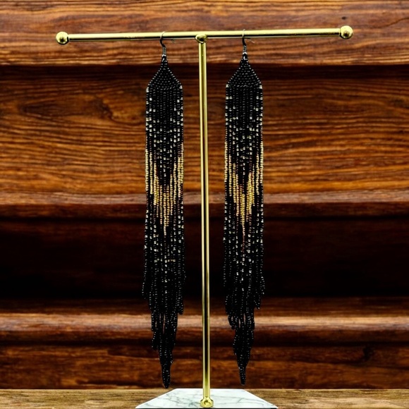 Sexy Dramatic Black and Gold Glass Beaded Fringe Earrings Handmade - Picture 6 of 16